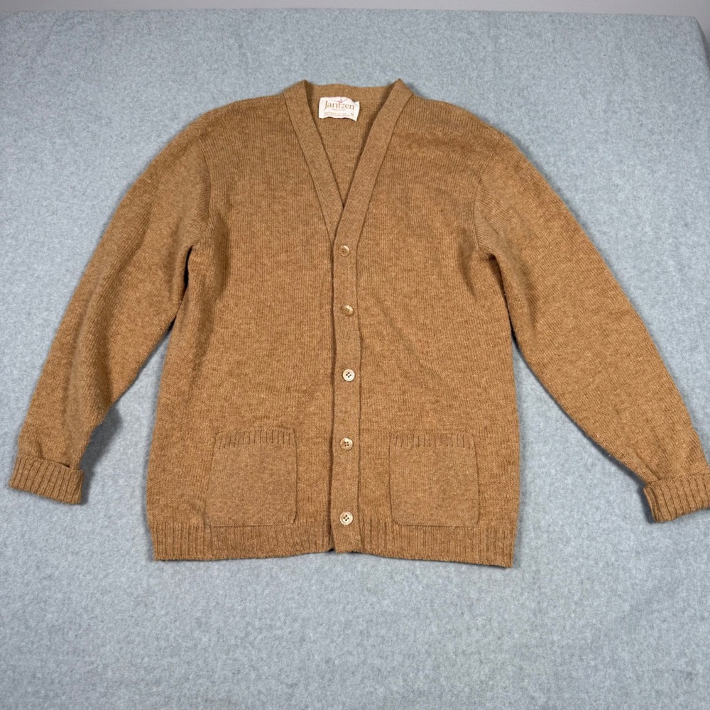 Vintage 70s Jantzen Grandpa Academia Cardigan Sweater Camel Brown USA Made M